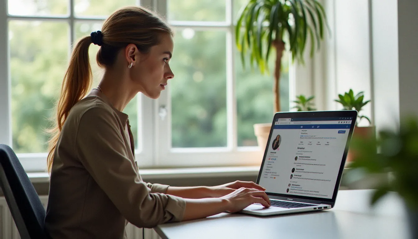 Une professionnelle gère les business comments on Instagram depuis son bureau moderne à Paris
