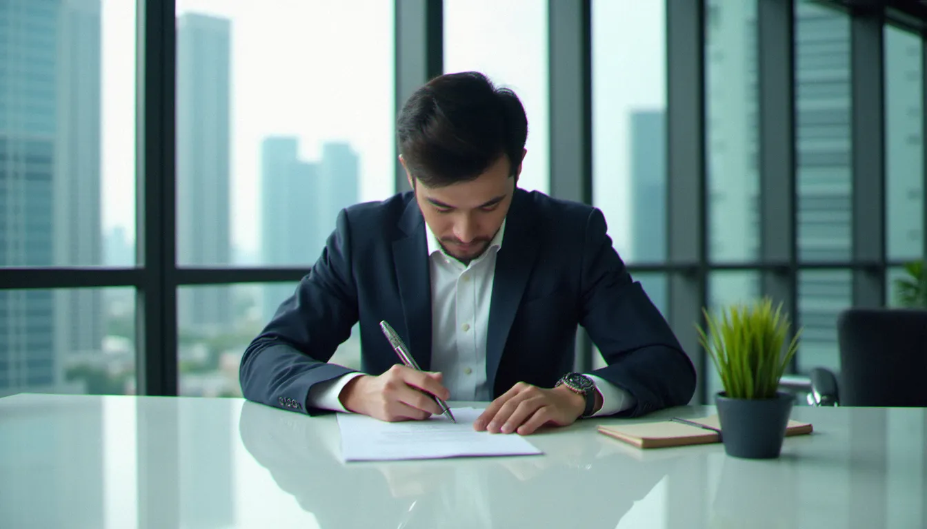 Entrepreneur malaisien signant les documents de constitution d'un business efficace Sdn Bhd dans un bureau moderne de Kuala Lumpur