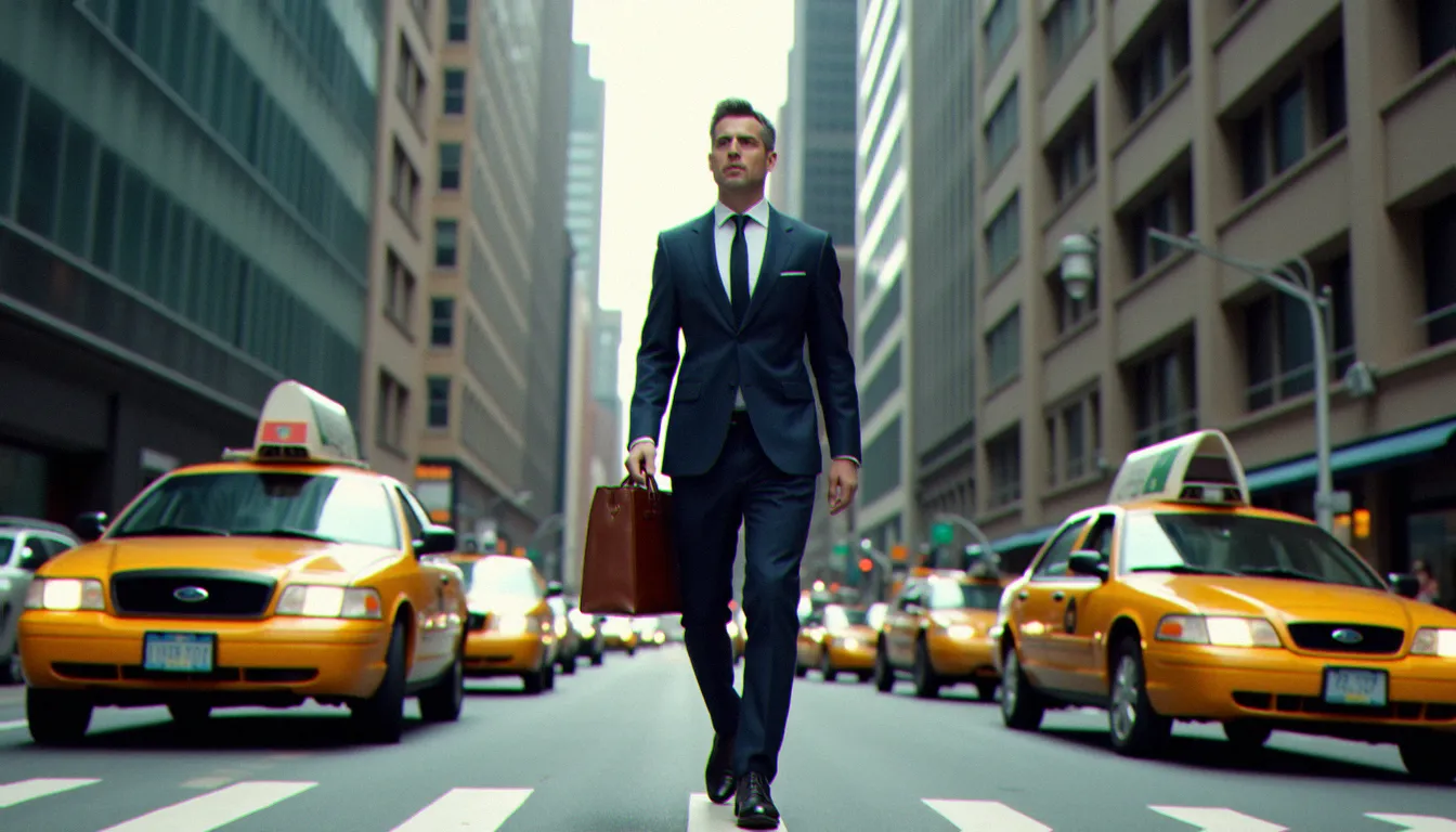 Homme d'affaires français marchant sur la Cinquième Avenue à Manhattan, symbolisant le développement commercial France New York