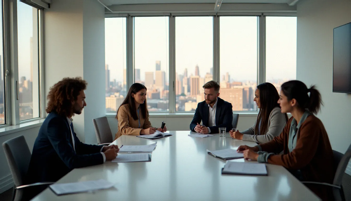 Réunion stratégique dans une salle de conférence à Manhattan entre entrepreneurs français et partenaires américains