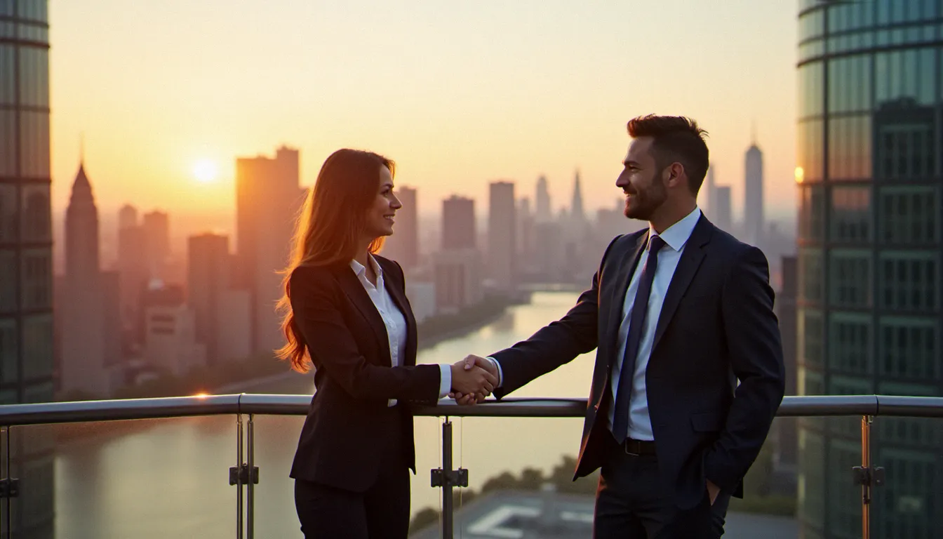 Vue aérienne de Manhattan au coucher du soleil avec deux professionnels en discussion d'affaires, illustrant le business France New York