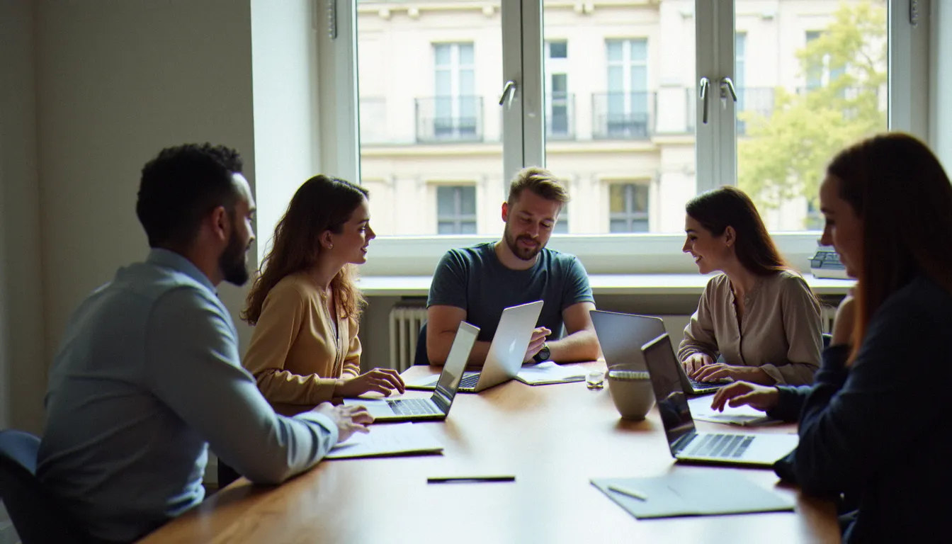Groupe de professionnels internationaux en réunion dans un espace de coworking parisien, représentant les services aux expatriés en France