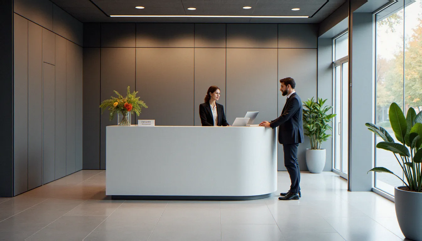 Bureau administratif français moderne avec une professionnelle étrangère accompagnée lors de ses démarches d'installation en France
