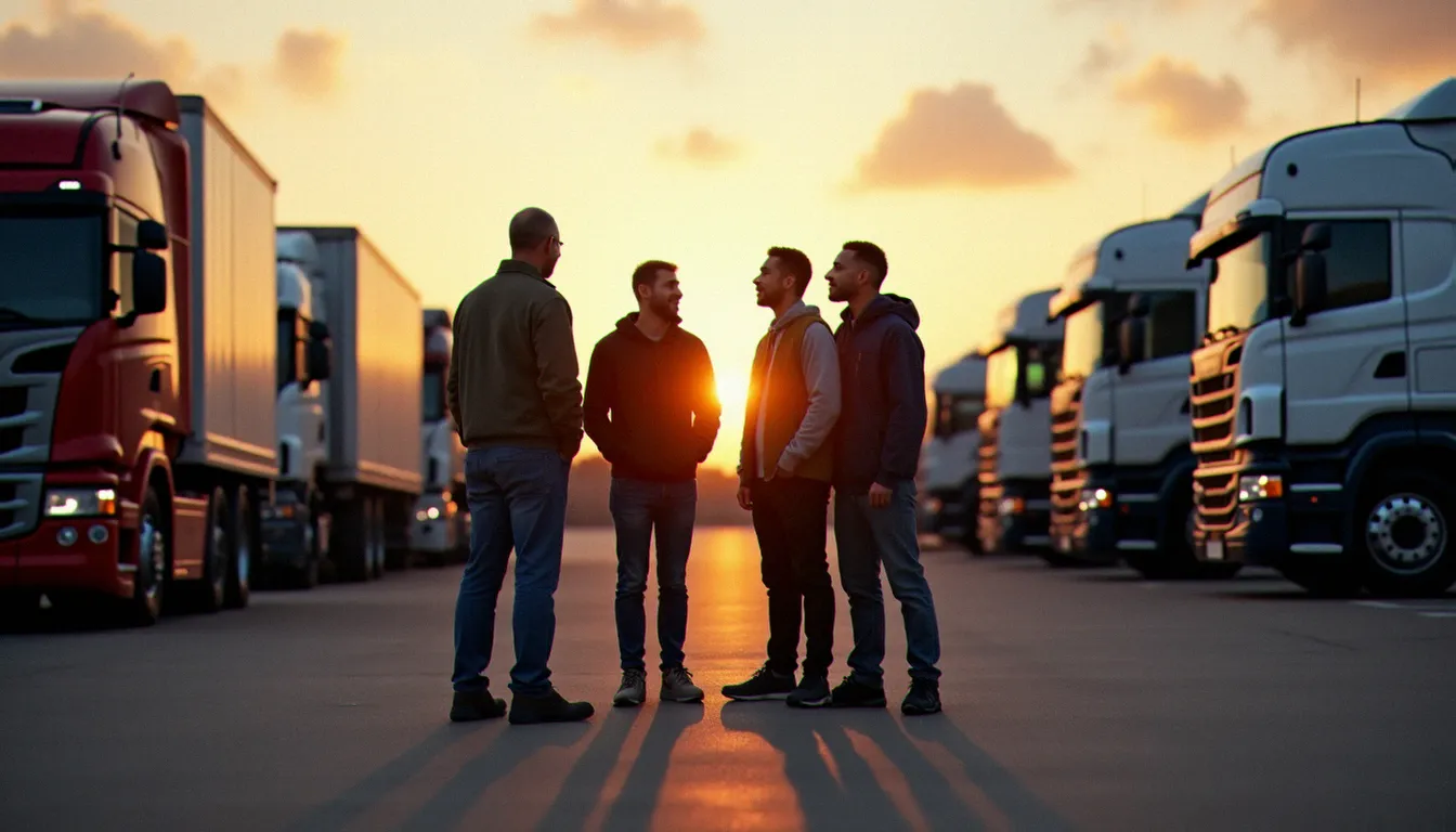 Équipe de quatre conducteurs devant une rangée de camions dans un dépôt logistique au coucher du soleil, illustrant la coopération entre membres d'une company Motor Town