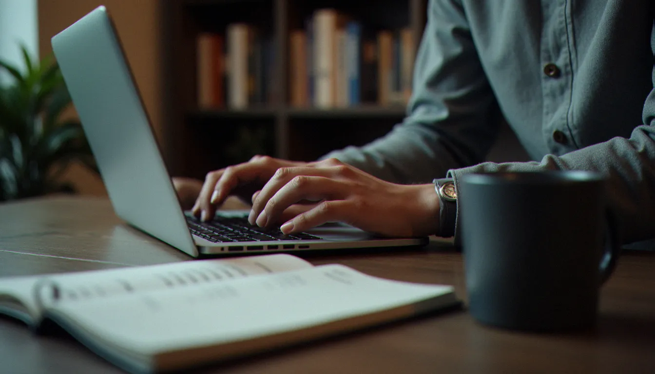 Rédacteur travaillant sur la version finale d'un corp bio optimisé pour le référencement naturel dans un bureau épuré