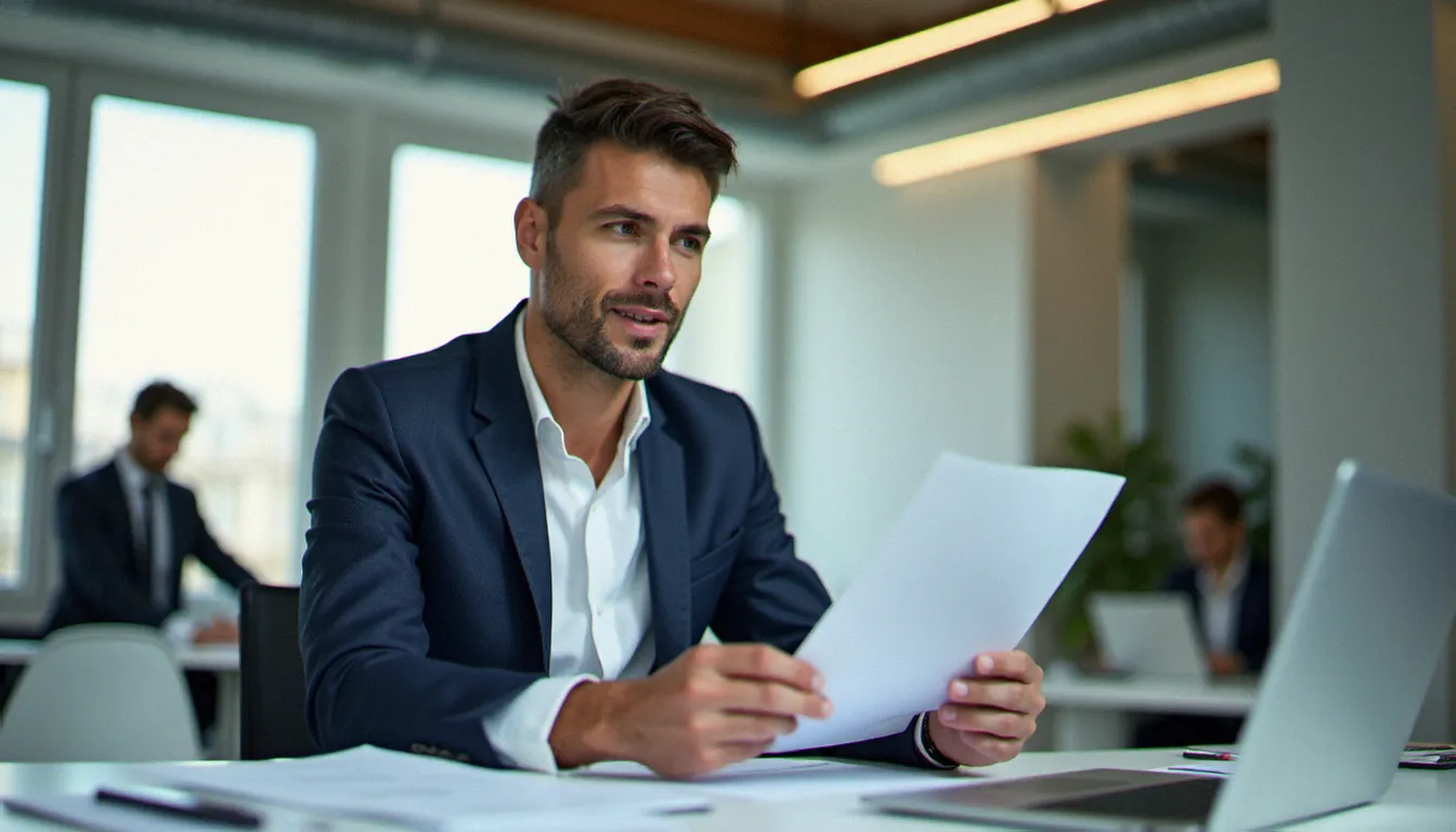 Professionnel en entreprise relisant un corp bio imprimé dans un bureau moderne parisien baigné de lumière naturelle