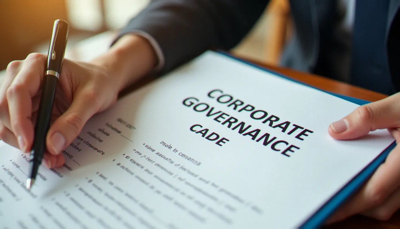 Analyse détaillée d'un document de code de gouvernance corporate avec annotations manuscrites sur un bureau professionnel