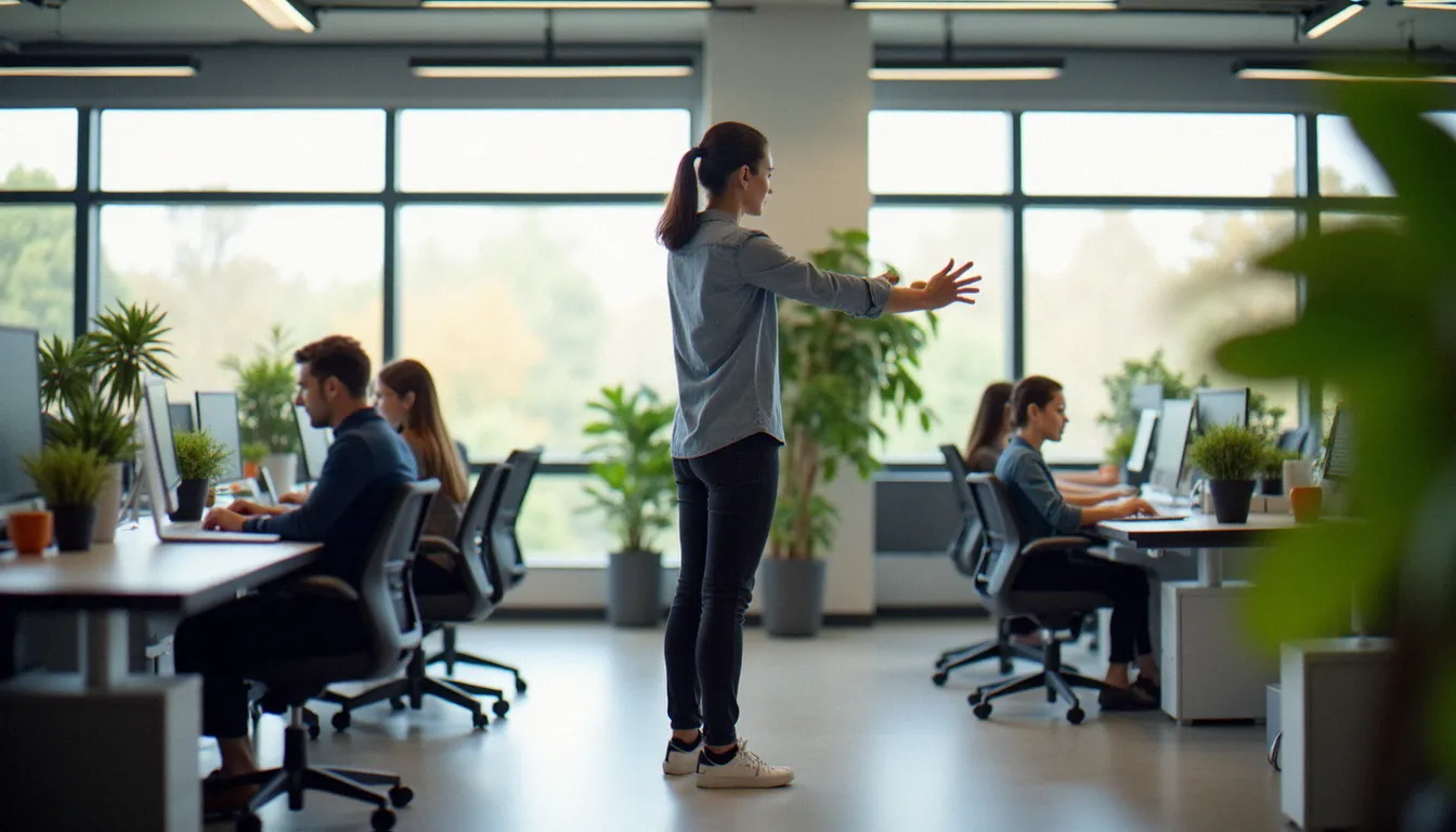 Espace de travail ergonomique avec lumière naturelle et plantes vertes, illustrant les enjeux d'un environnement corporate biolife adapté aux besoins humains