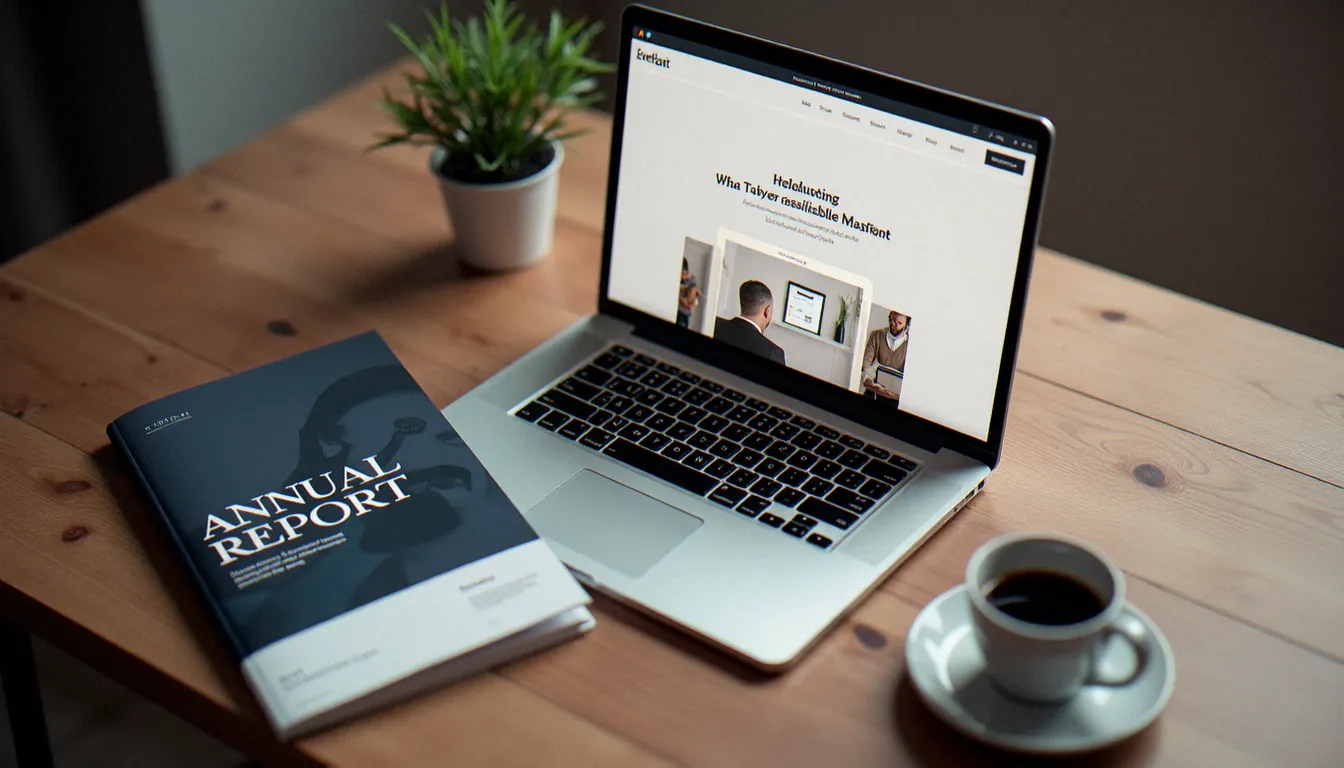 Rapport annuel imprimé et ordinateur portable affichant un site institutionnel corporate posés sur un bureau en bois, illustrant les outils de communication corporate