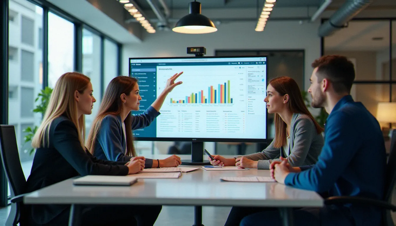 Équipe financière analysant un tableau de bord de suivi des dépenses corporate en temps réel sur grand écran dans un bureau moderne