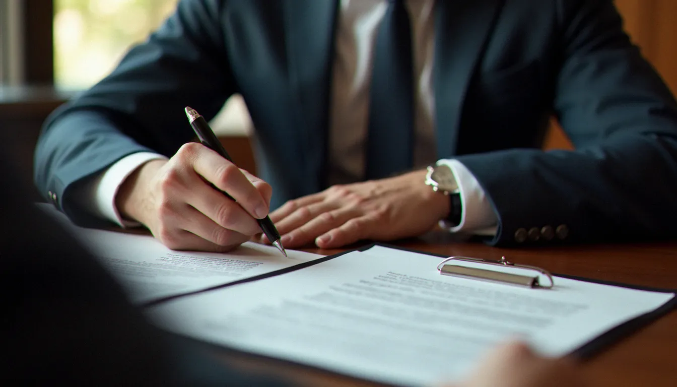Dirigeant d'entreprise en train de signer un contrat de carte corporate avec un chargé d'affaires bancaire autour d'une table de réunion