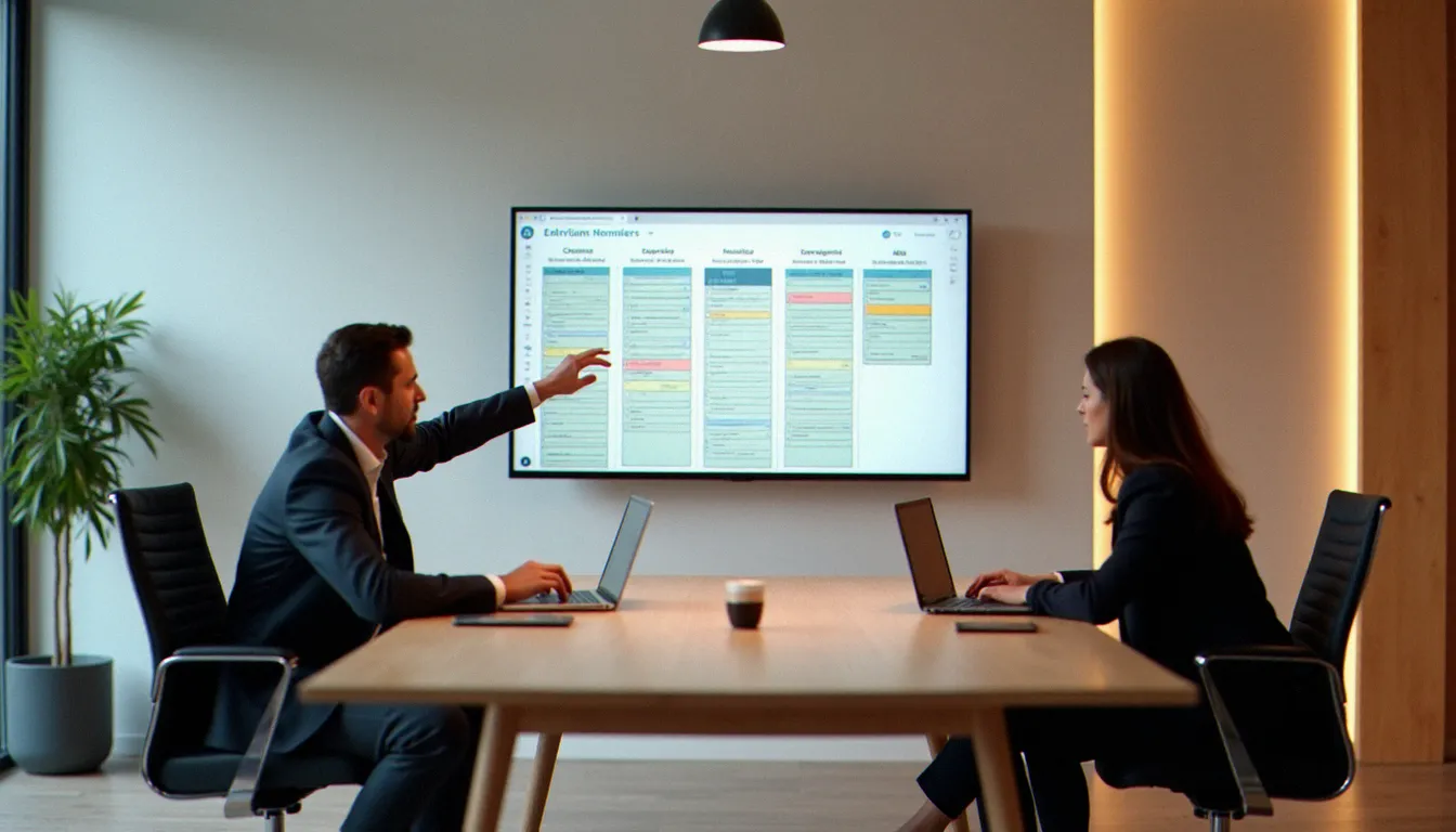 Équipe éditoriale B2B planifiant une stratégie de corporate commentary autour d'un calendrier éditorial affiché en salle de réunion