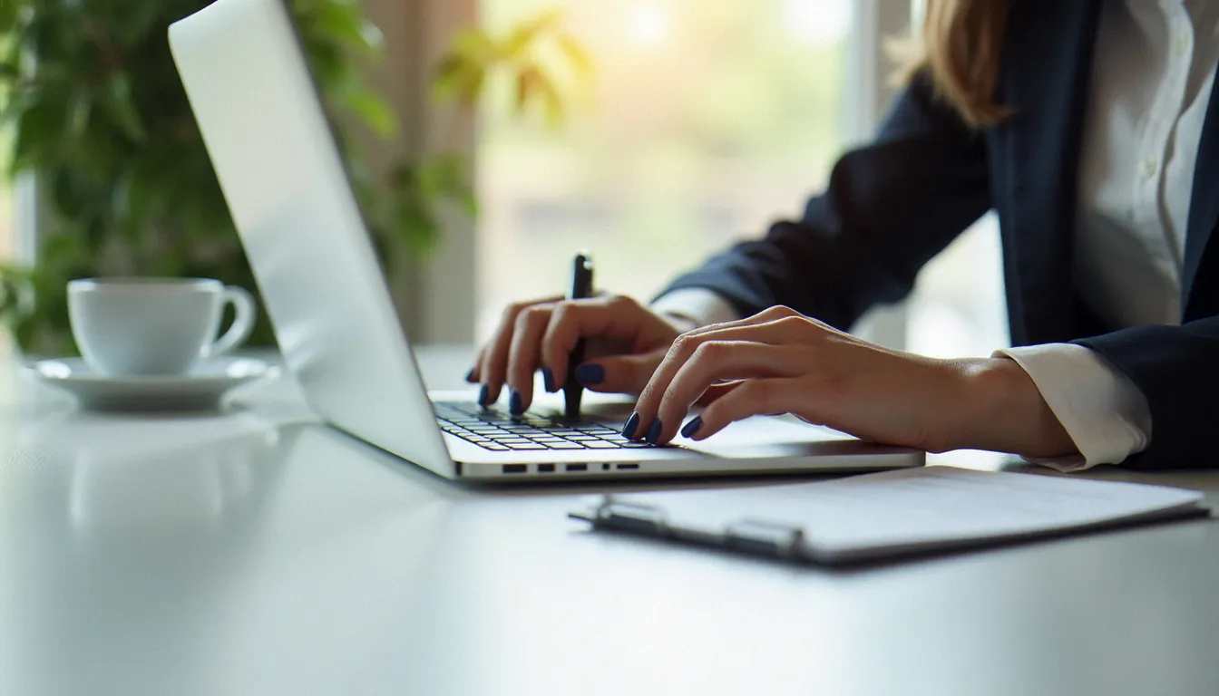 Rédactrice ou consultante en train de rédiger une prise de position corporate commentary sur son ordinateur portable dans un espace de travail épuré