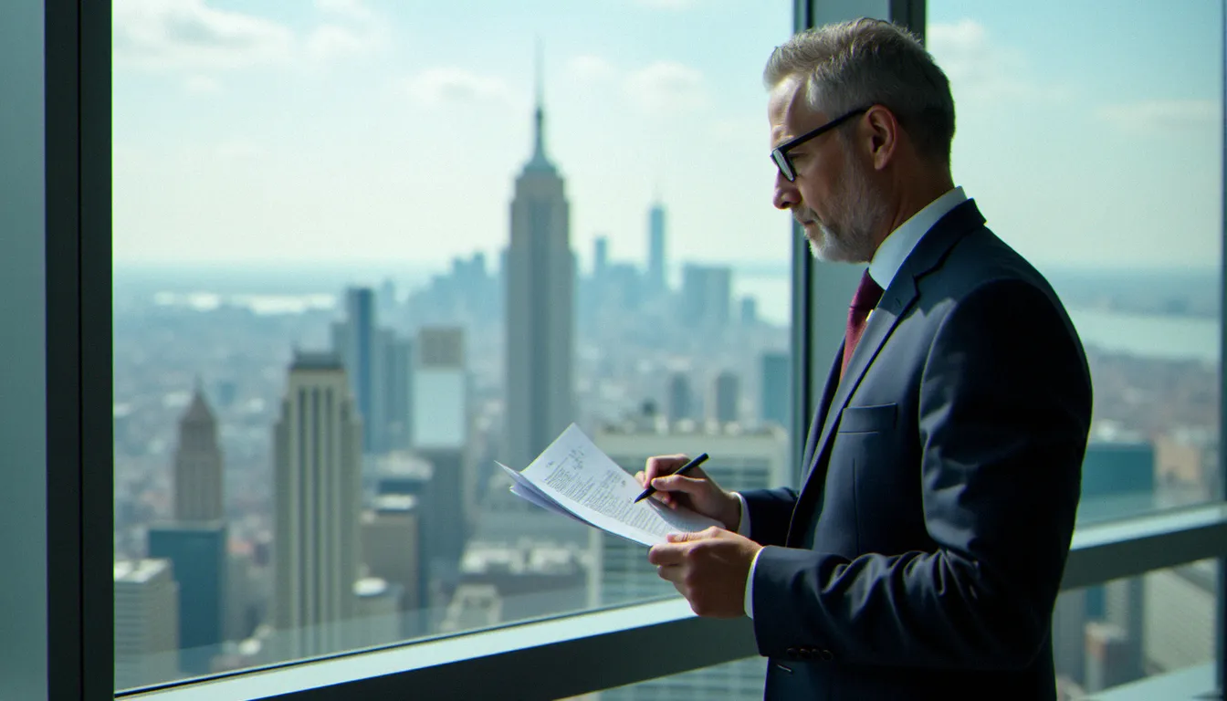 Dirigeant d'entreprise analysant des documents de corporate commentary dans un bureau contemporain avec vue sur la ville