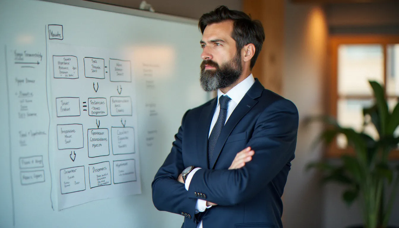 Consultant en stratégie présentant les composants d'un corporate def devant un tableau blanc dans un bureau lumineux