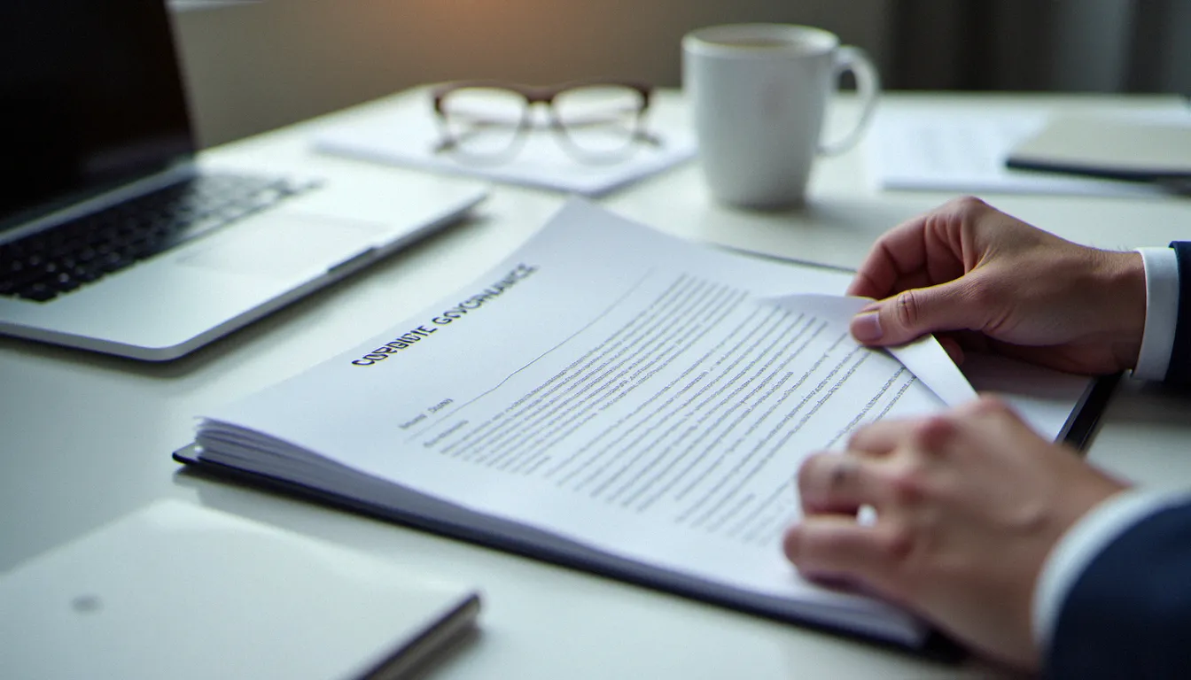 Document de gouvernance corporate posé sur un bureau minimaliste illustrant le lien entre corporate def et gouvernance d'entreprise