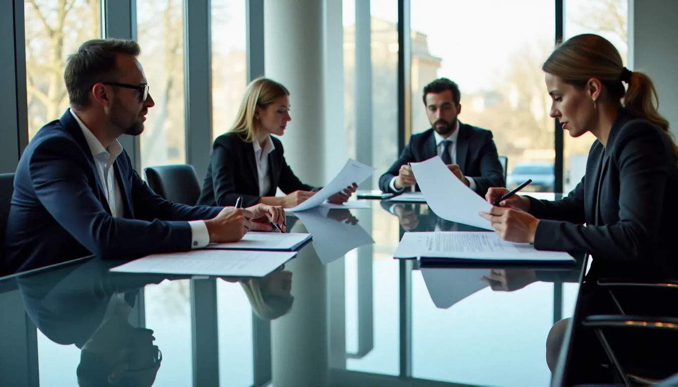 Réunion de dirigeants autour d'une table de conférence moderne pour définir la stratégie corporate def de leur organisation