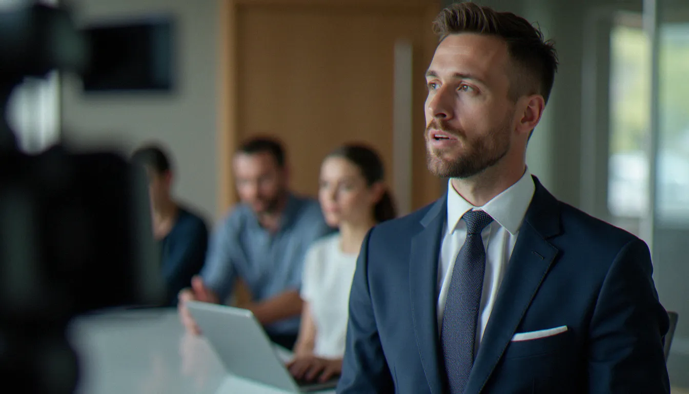 Dirigeant d'entreprise filmé lors d'une interview pour un corporate film en salle de réunion