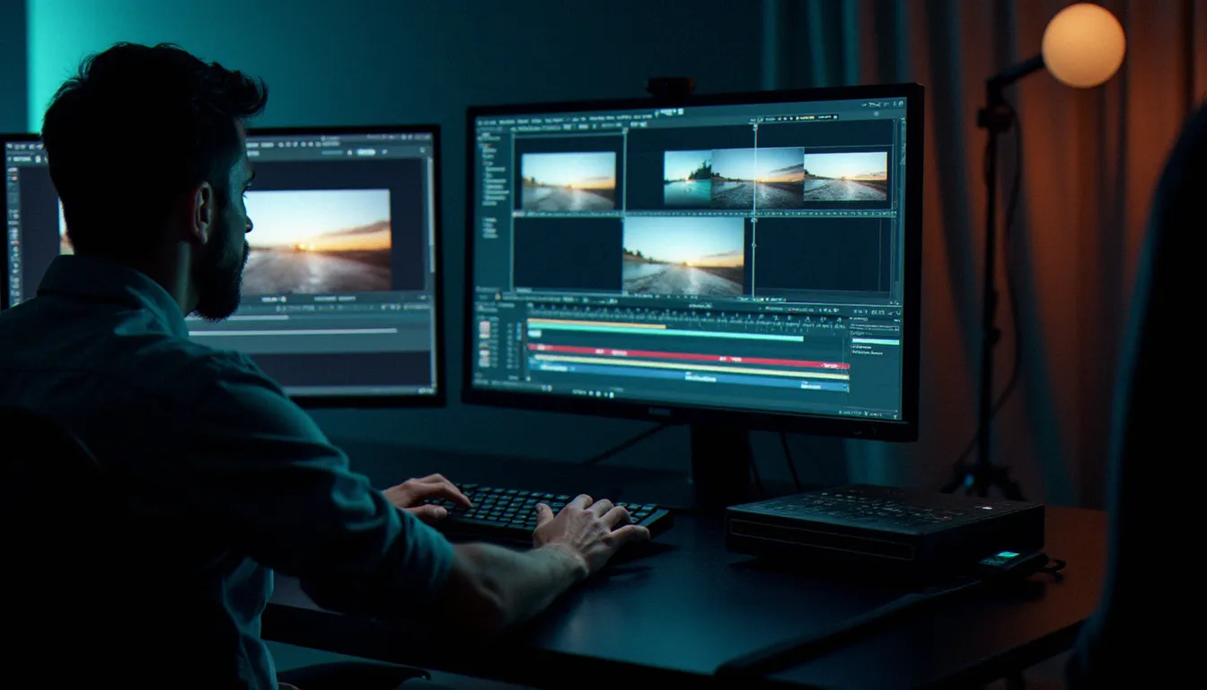 Monteur vidéo en phase de post-production d'un corporate film, travaillant sur l'étalonnage colorimétrique dans une suite de montage professionnelle