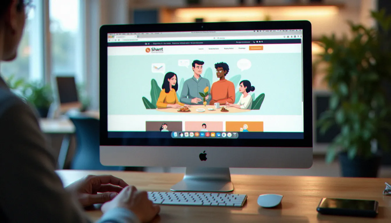 Écran d'ordinateur affichant un site web avec des illustrations vectorielles plates en style corporate memphis aux tons pastel