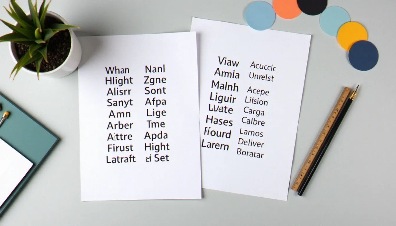 Vue de dessus d'un bureau de designer avec des feuilles de comparaison typographique sans serif, règle et nuancier de couleurs