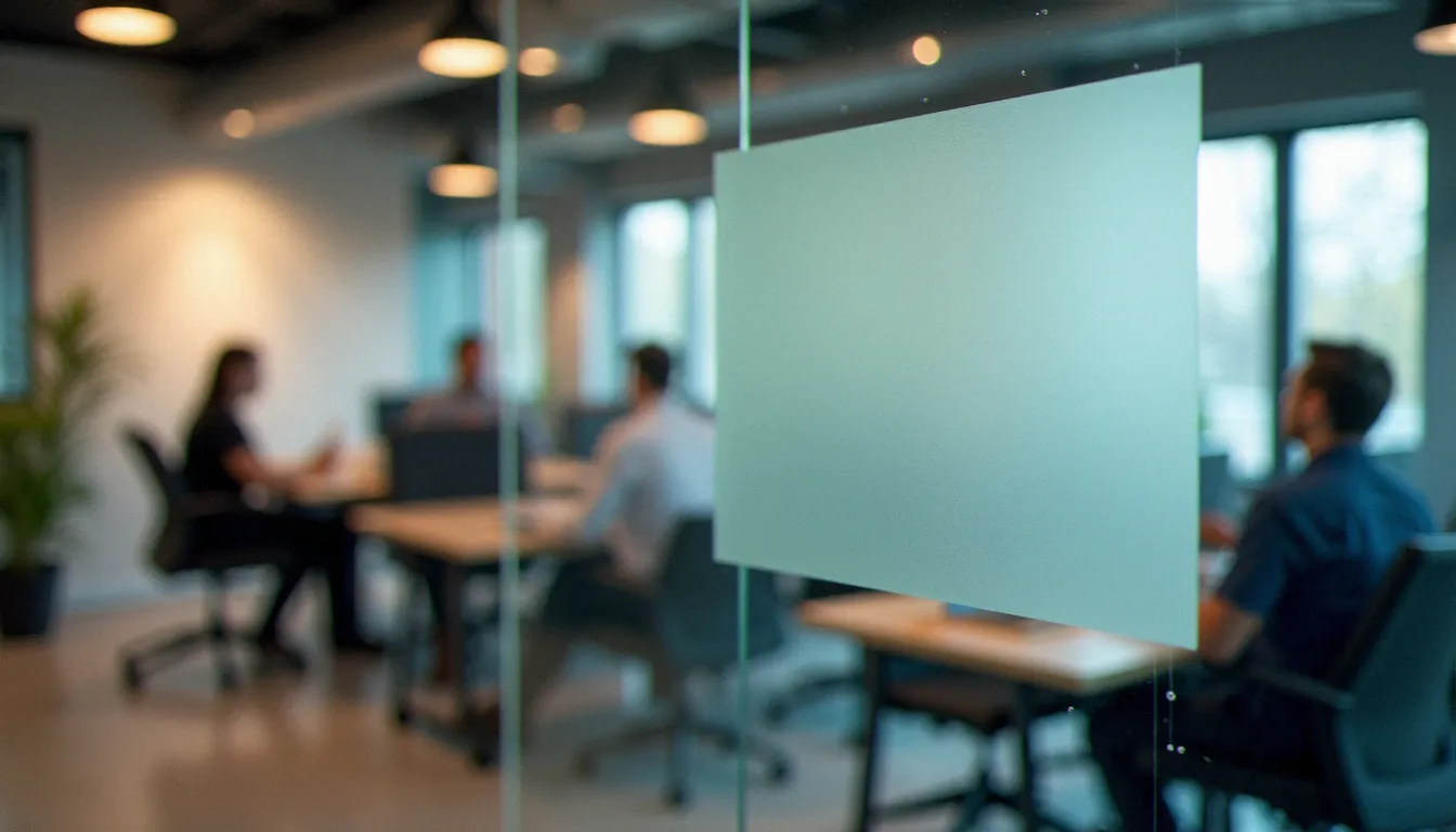 Bureau en open space avec cloison en verre dépoli affichant un logo corporate en typographie sans serif minimaliste, atmosphère professionnelle moderne
