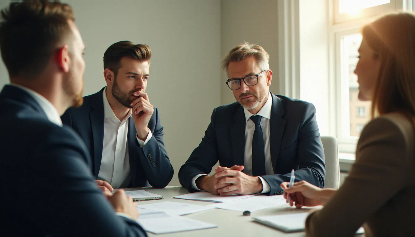 Dirigeant en réunion d'écoute active avec son équipe, incarnant les valeurs de leadership au cœur de la culture d'entreprise