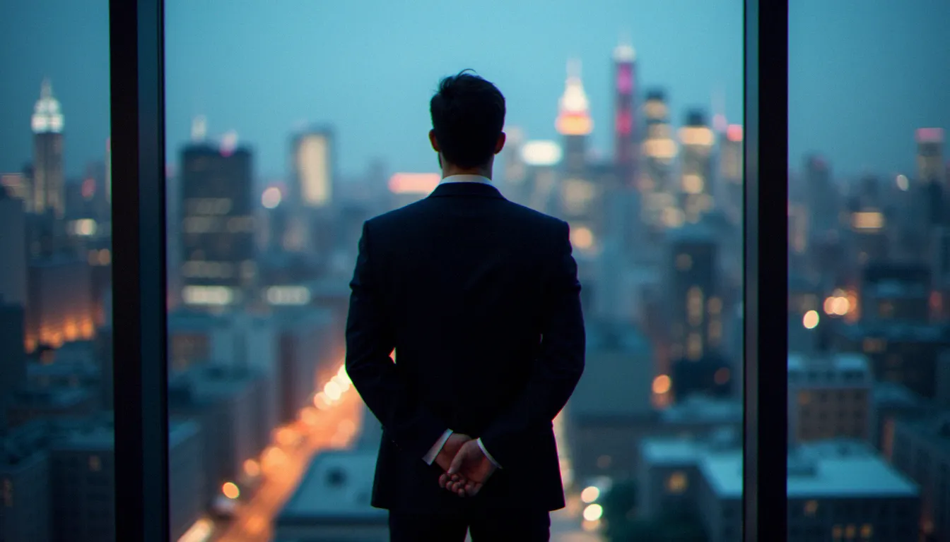 Professionnel contemplant la ville depuis une tour de bureaux au crépuscule, symbolisant la réflexion stratégique sur la culture organisationnelle
