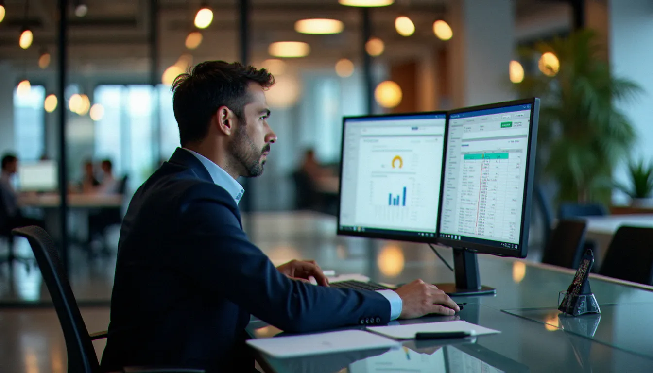Responsable financier analysant des relevés de transactions sur écran dans un bureau contemporain, représentant la gestion centralisée des paiements professionnels
