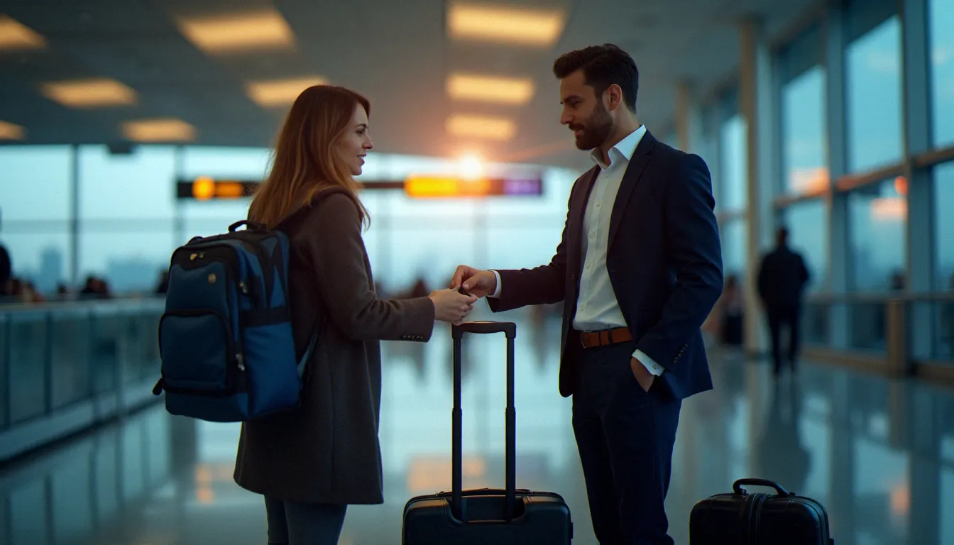 Collaborateur en déplacement professionnel utilisant une carte corporate pour un paiement sans contact dans un aéroport international