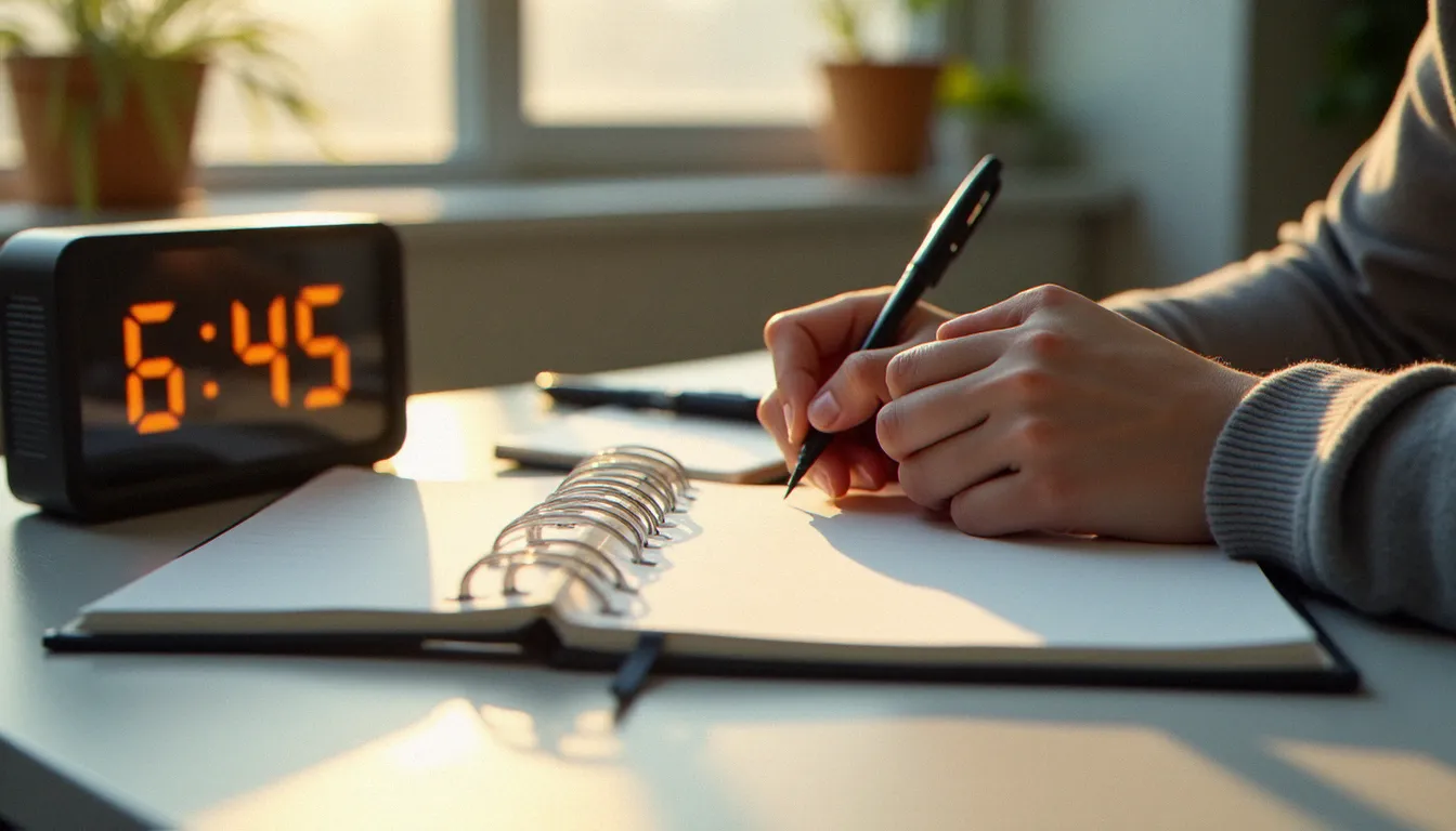 Mains écrivant dans un agenda de bon matin à la lumière naturelle, symbole d'organisation et de planification matinale