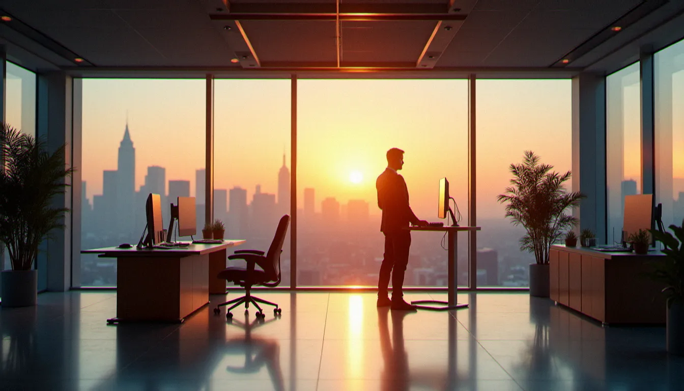 Bureau moderne vide au lever du soleil avec un seul professionnel concentré, illustrant le calme et l'avance du travail matinal