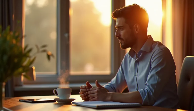 Professionnel travaillant de bon matin dans un bureau lumineux au lever du soleil, carnet ouvert et café chaud sur le bureau
