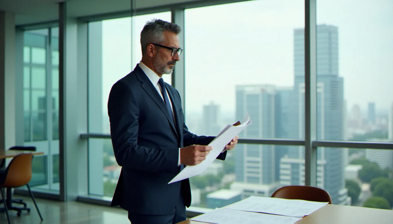 Directeur des ressources humaines en costume sombre debout dans un bureau moderne lumineux avec vue sur la ville, consultant des documents stratégiques