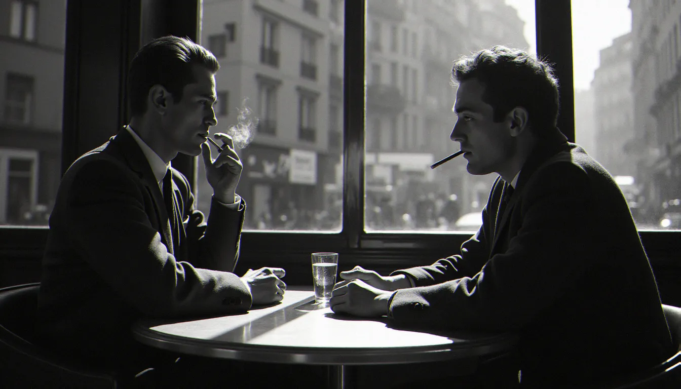 Acteurs dans un café parisien des années 1960 évoquant l'atmosphère de la Nouvelle Vague du cinéma dramatique français
