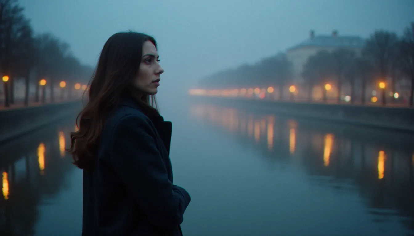 Femme seule au bord de la Seine au crépuscule dans Paris brumeux, scène emblématique du drame intime dans le cinéma français contemporain