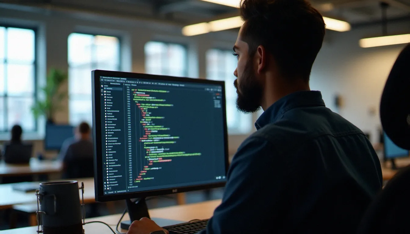 Vue par-dessus l'épaule d'un développeur utilisant des commentaires colorisés dans VSCode pour organiser des blocs de code
