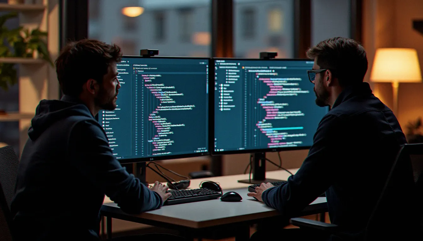 Deux développeurs en session de revue de code devant des moniteurs affichant des régions de commentaires structurées dans un éditeur VSCode
