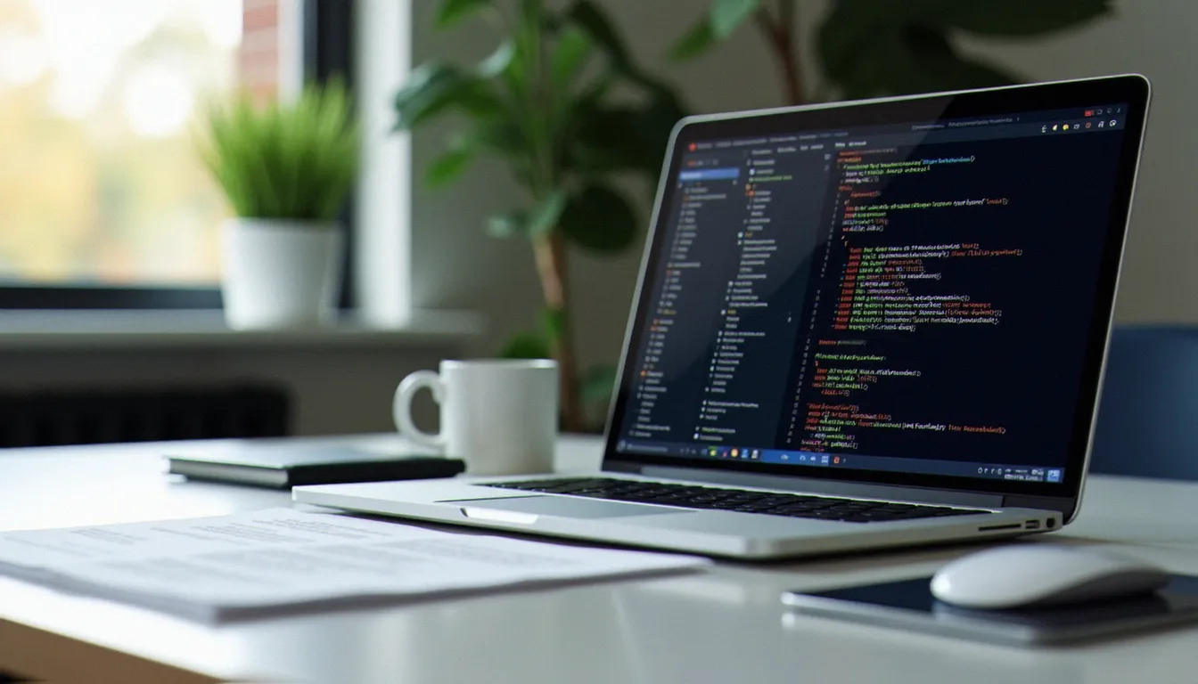 Bureau de développeur avec laptop affichant une compilation LaTeX et un document technique imprimé à côté du clavier