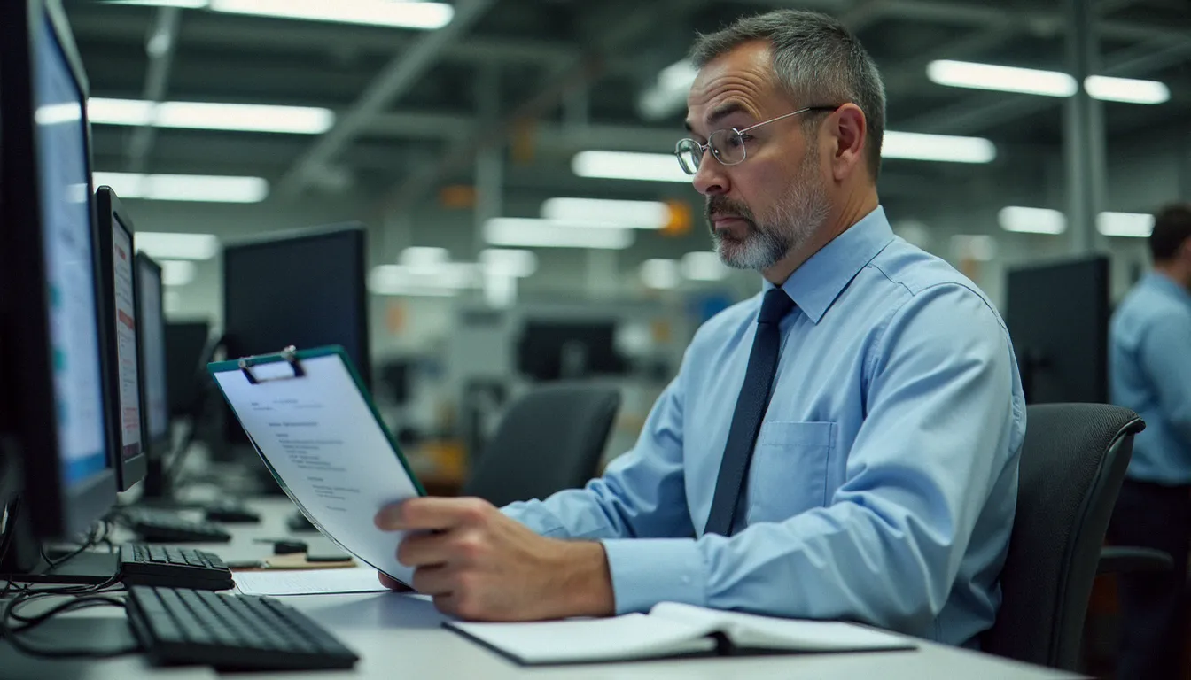 Un agent de contrôle consultant des registres obligatoires lors d'une visite d'inspection du travail dans une entreprise industrielle