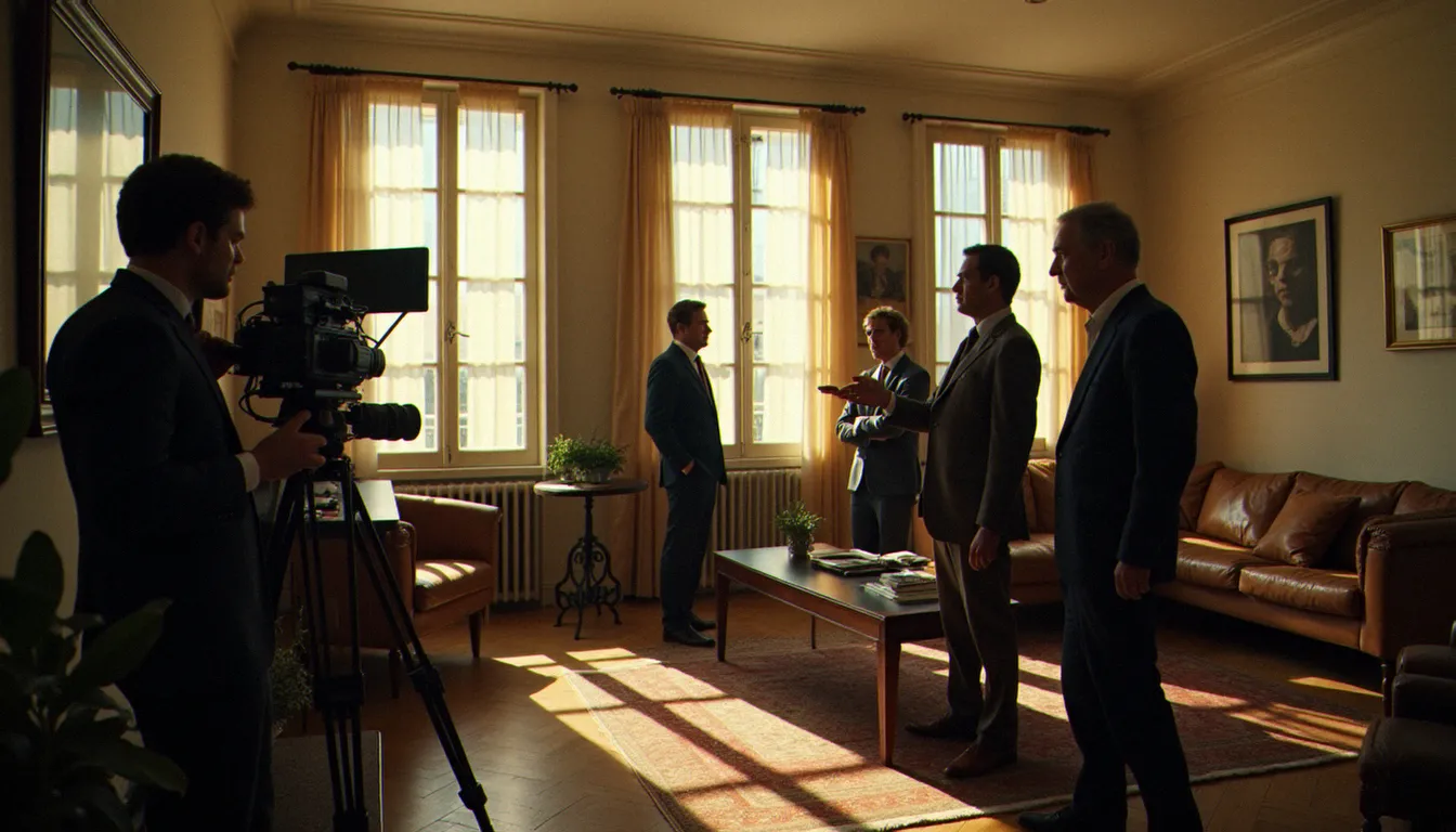 Plateau de tournage d'une comédie française des années 1960, illustrant l'environnement professionnel des acteurs de second plan comme Jacques Chambon