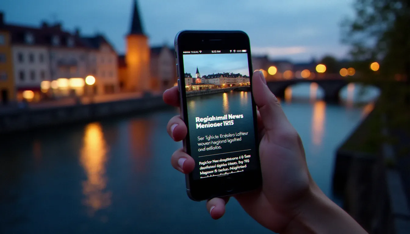 Lecture d'un journal régional en version numérique sur smartphone, avec un paysage urbain lorrain en arrière-plan