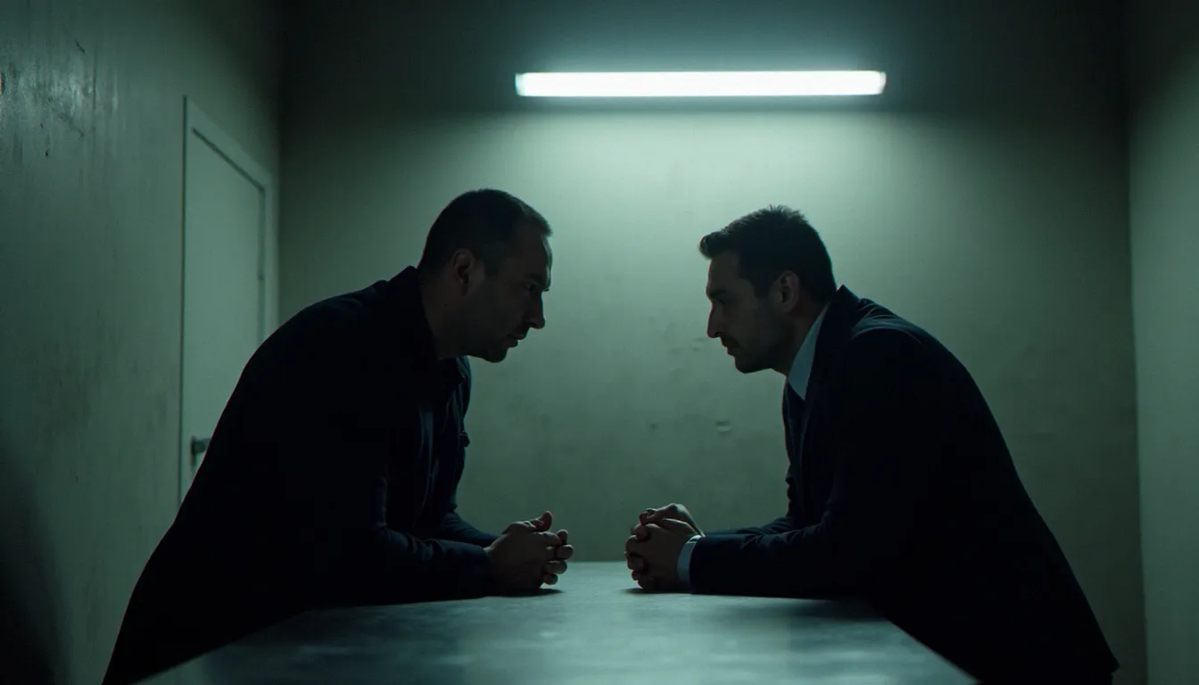 Scène d'interrogatoire dans un commissariat français, illustrant l'ambiguïté morale caractéristique du thriller français contemporain