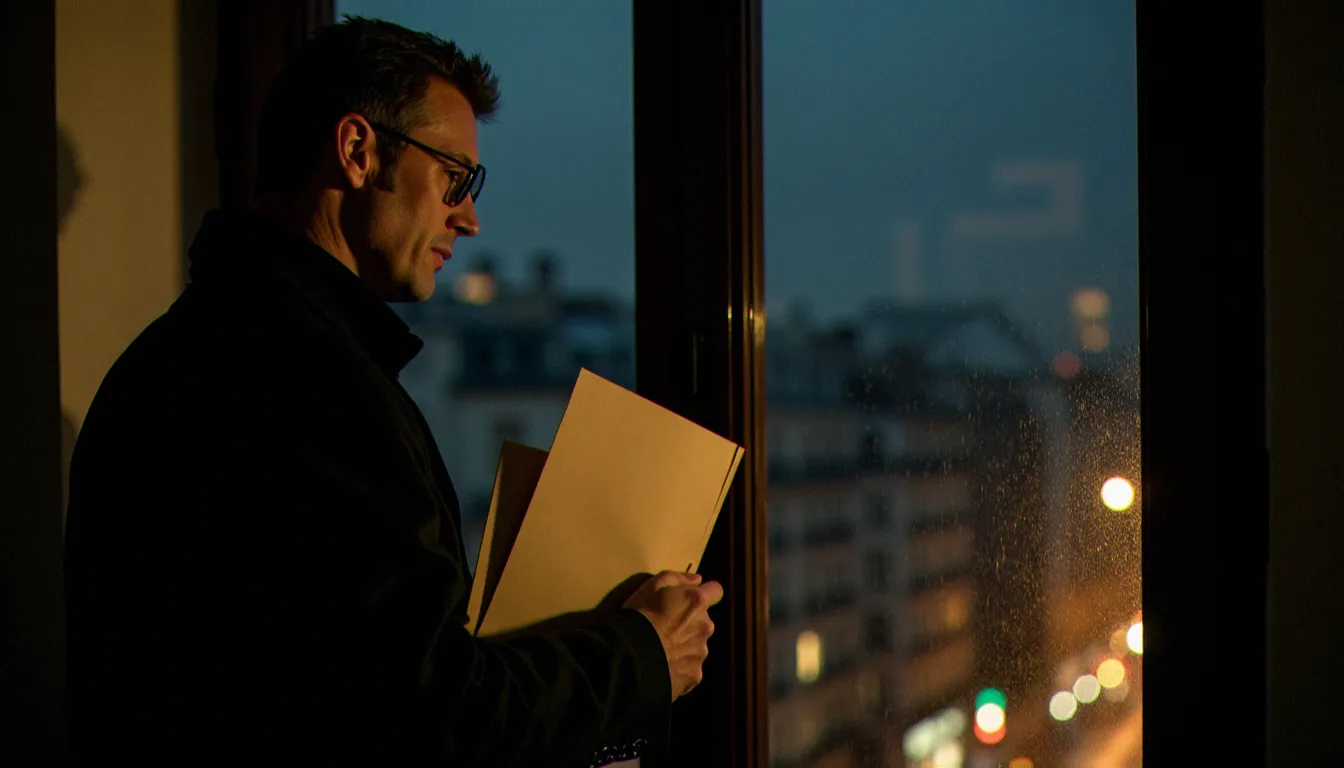 Détective dans un appartement parisien sombre la nuit, incarnant l'atmosphère du thriller (film) français