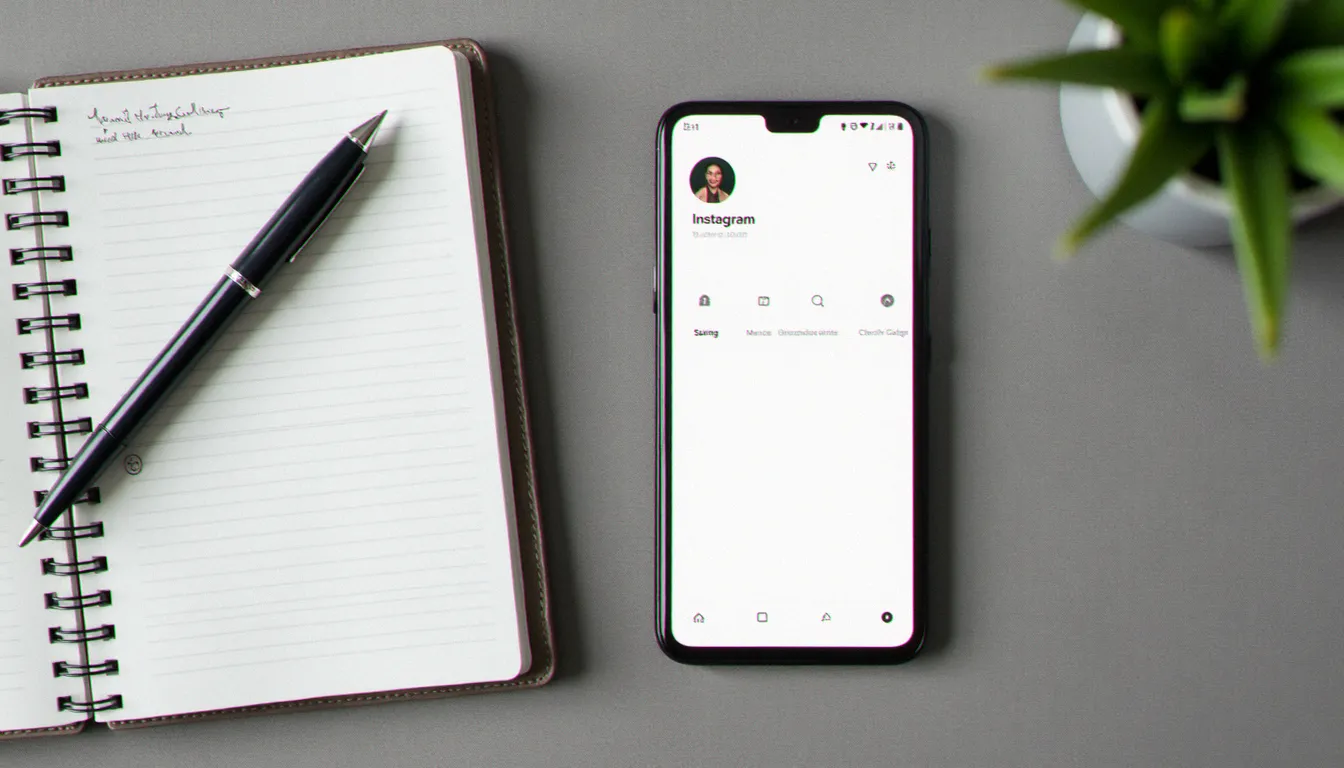 bio instagram business body 2 Vue de dessus d'un smartphone affichant un profil Instagram business optimisé posé sur un bureau avec un carnet de notes