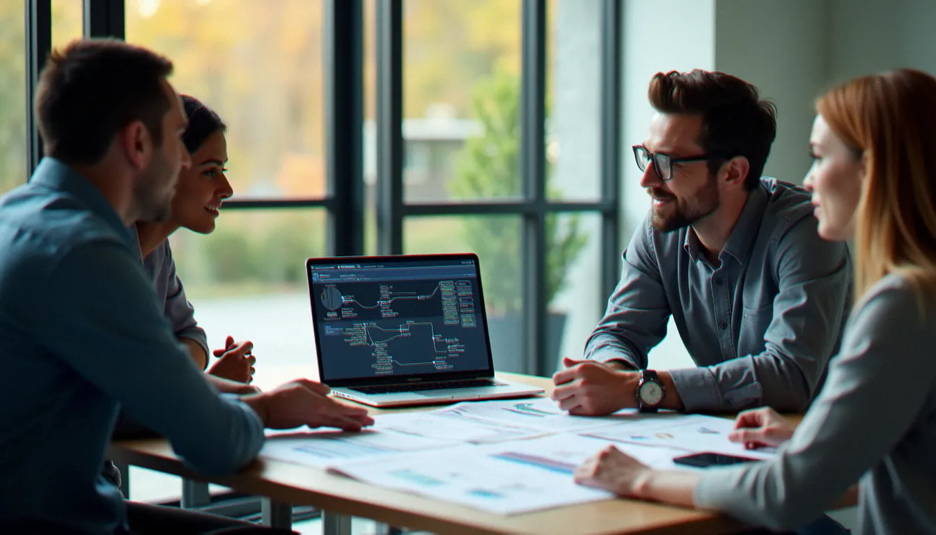Une équipe de PME analysant un processus d'automatisation IA lors d'une réunion de travail, étape clé de l'intégration de l'IA dans une activité existante
