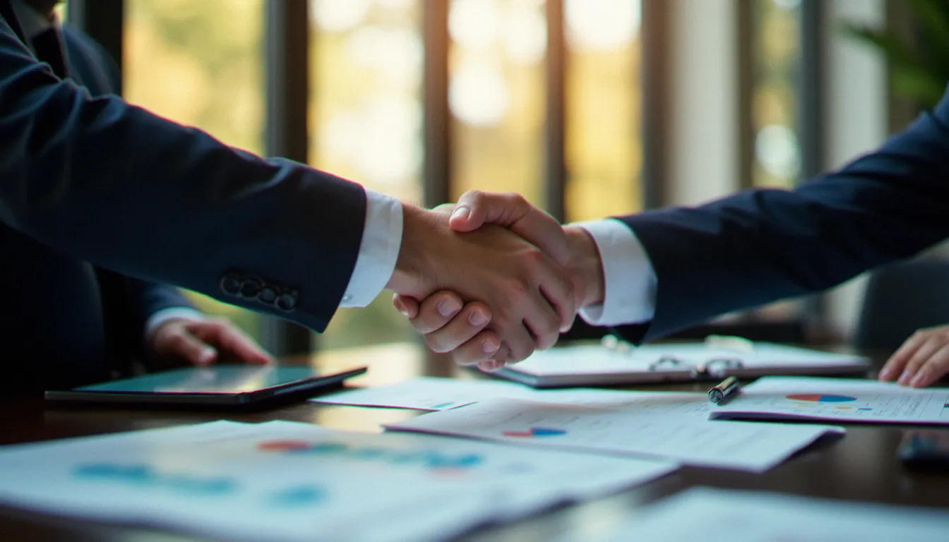 Deux dirigeants d'entreprise concluant un partenariat stratégique, symbolisant l'avantage concurrentiel apporté par le business avec IA