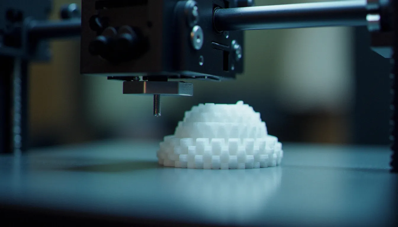 business avec imprimante 3d body 1 Imprimante 3D FDM en cours d'impression d'une pièce mécanique en plastique blanc, représentant la production artisanale d'un business d'impression 3D