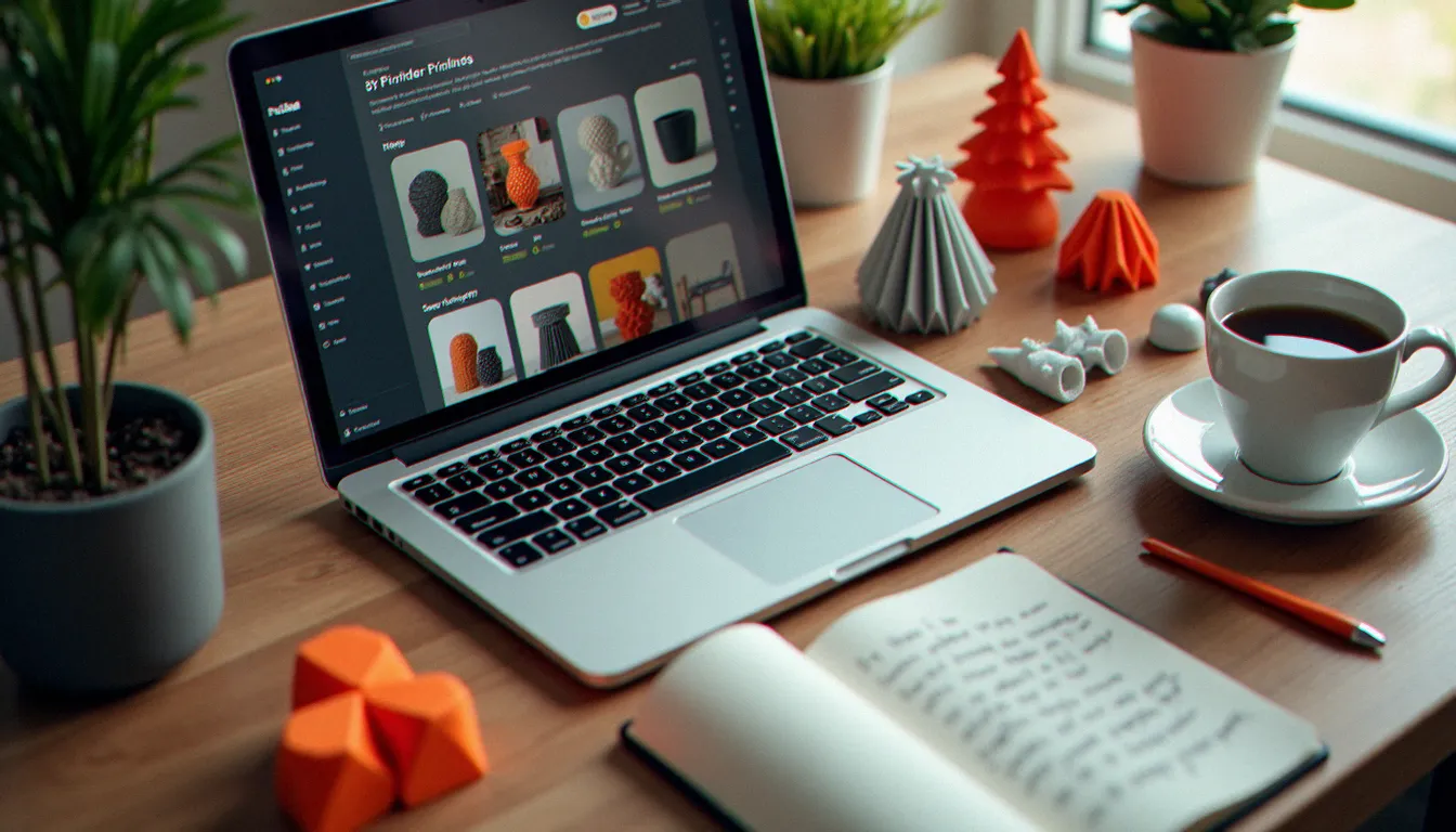 business avec imprimante 3d body 2 Bureau d'un entrepreneur en impression 3D avec ordinateur affichant une boutique en ligne, produits imprimés et notes de revenus, illustrant la gestion d'un business avec imprimante 3D