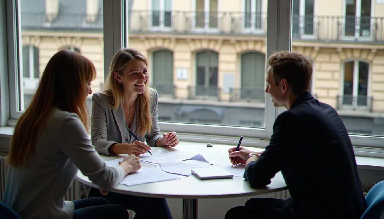 Équipe en séance de validation de plan business dans un espace de coworking, représentation de l'écosystème entrepreneurial français
